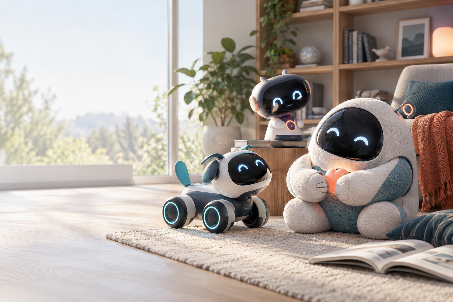 Three fictional AI companion robots in a modern living room, illustrating form factors rather than specific products